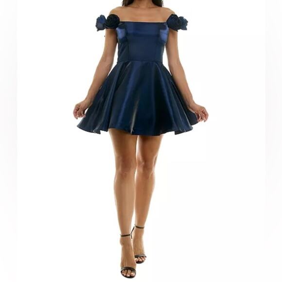 B Darlin Juniors' Rosette Off-The-Shoulder Fit & Flare Dress Navy Sz 13/14 - Picture 3 of 9